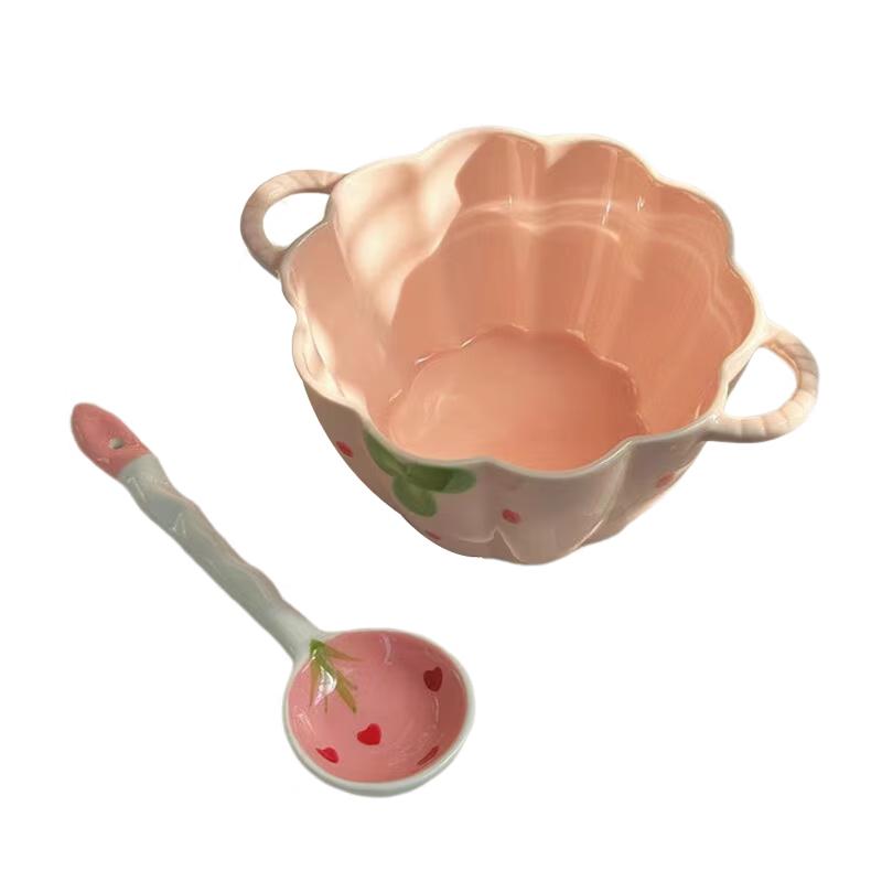 Peierson Strawberry Ceramic Double-Handle Bowl with Spoon Set