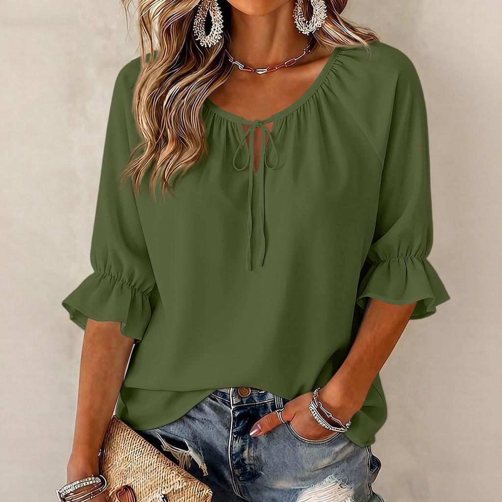 Women's Fashion Color Round Neck Tie Ruffle Three Quarter Sleeve Blouse for Casual Wear
