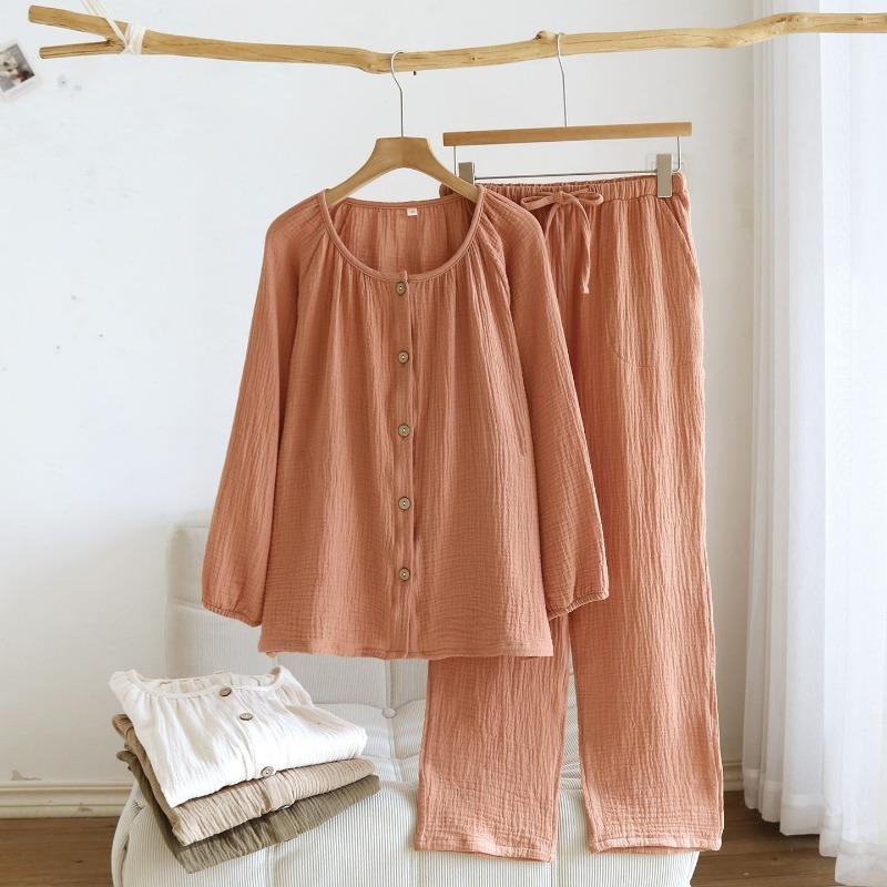 2026 Neues Frühjahrs- und Herbst-Pyjamaset 100% Baumwollkrepp Groß Langarm Lange Hose Dünn Locker Hauskleidung Zweiteiliges Set