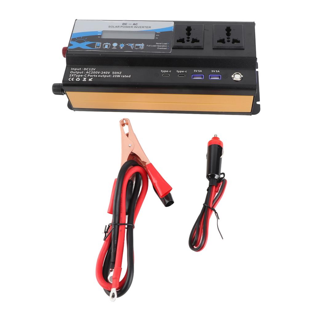 6000W Tepe Gücü Araç İnvertörü Modifiye Sinüs Dalgası Şarj Dönüştürücü 2 USB 2 Type C LED'li Renkli