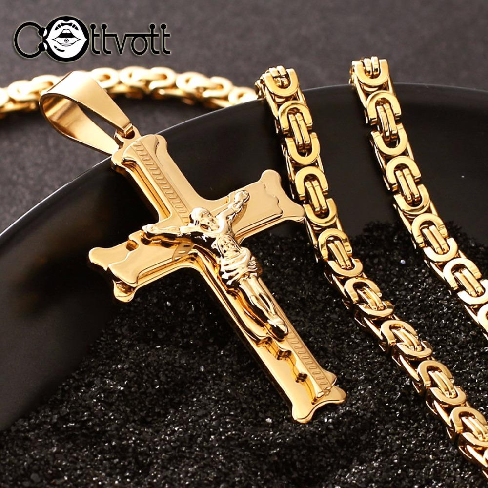 Gold Color Stainless Steel Jesus Cross Pendant Necklace 6mm Link Byzantine Chain Necklace Long Heavy Men Jewelry Collares MN68
