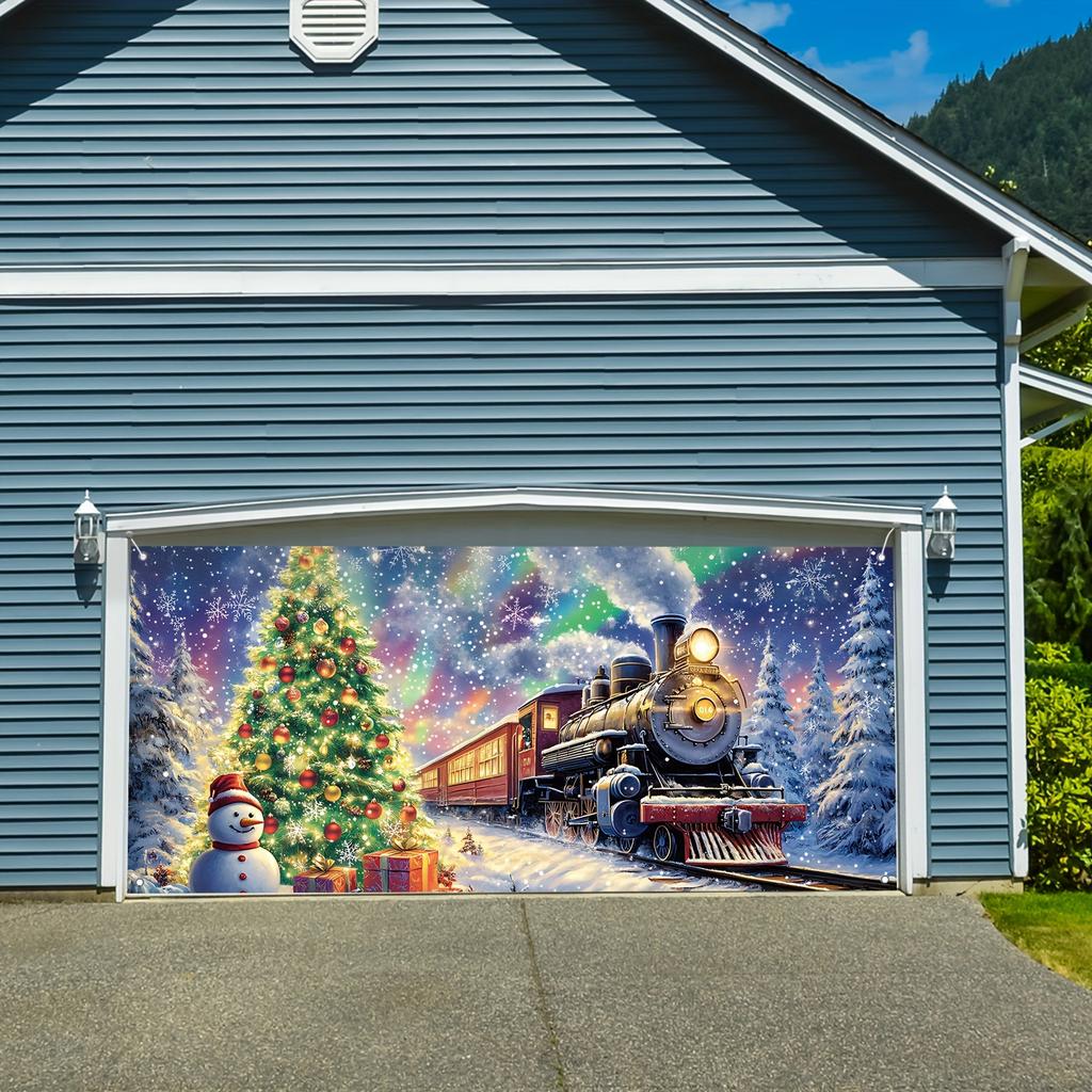2D flat banner 1PC Christmas winter scene garage door curtain, festive snowman, pine tree and train design, home, yard,