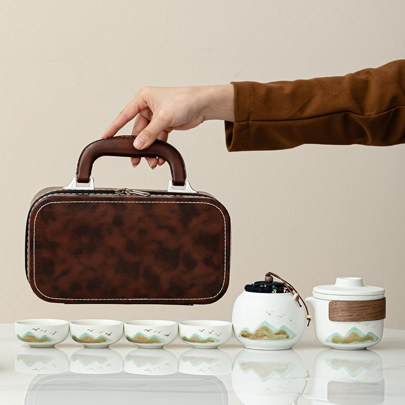 

Yanhe coarse pottery Qingshan one pot four cups travel set outdoor ceramic teapot coarse pottery set Kuaike cup commemorative