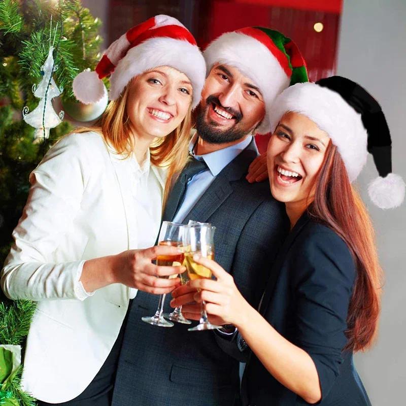 Black Plush Christmas Hat Unisex Xmas Hat For Adults Kids Comfortable Santa Claus Cosplay Supplies Christmas Party Decor Gift