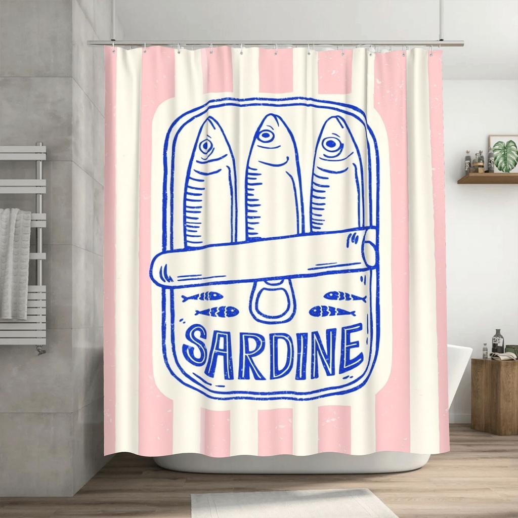 Sardine-Inspired Fashionable Shower Curtain With Hooks - Removable, Durable Polyester, Pink & White Striped Design With Fish