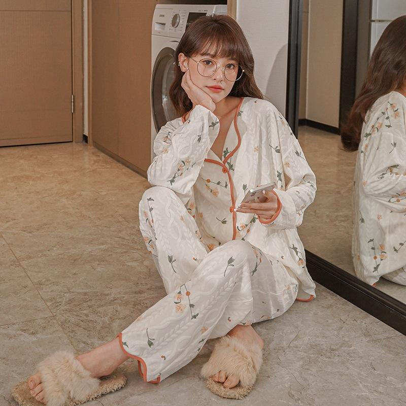 Herbst Koreanische Frauen Pyjamas Süße Nachtwäsche Prinzessin Homewear Rüschen Lange-Ärmeln Bequeme Loungewear Zwei-stück Set Homewear