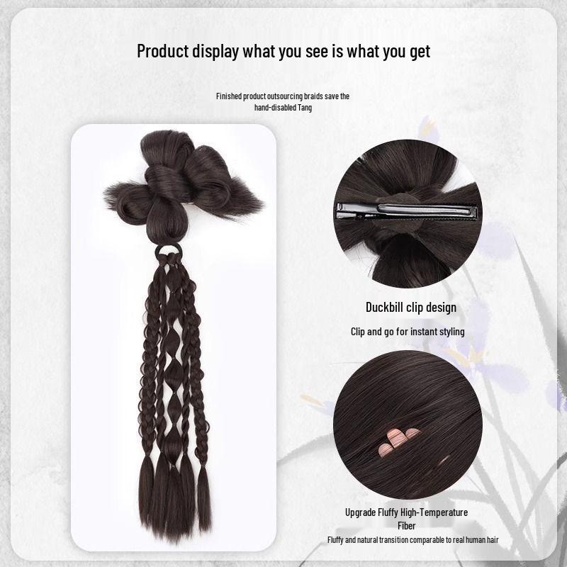 Golden Thread Chinese Five-Strand Fishtail Braid Ponytail & Flower Bun Bridal Hair Robe for Photography