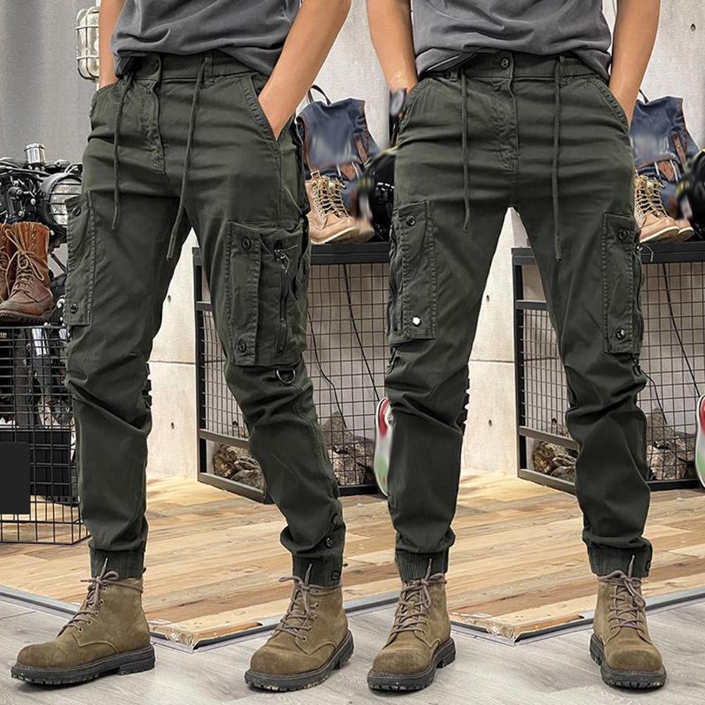 Spring and Autumn Men Trousers Men's Drawstring Waist Cargo Pants with Multi Pockets for Wear Outdoor Training Solid Color Sport