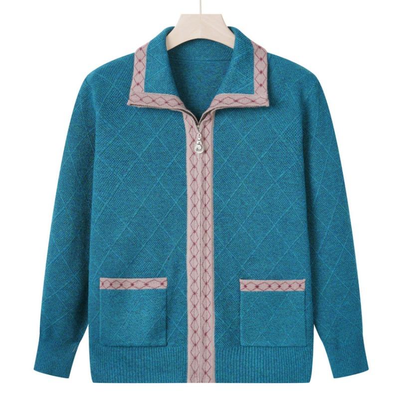 Mom Autumn Knitted Sweater Lapel Top Medium Old Sweater Old Woman Clothes Old Lady Autumn Coat