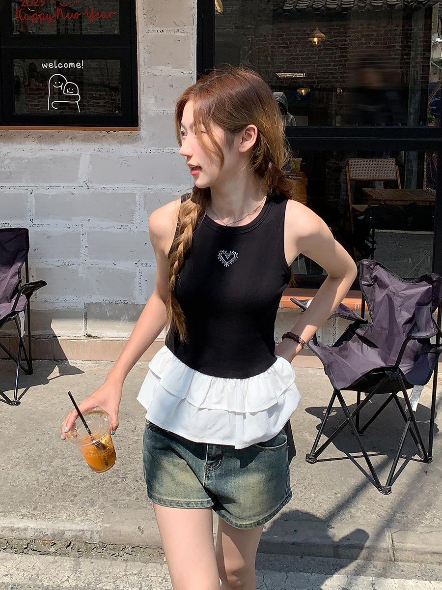 

Pure desire wind hem ruffle leaf edge splicing hot diamond love vest suspender women s summer new versatile small top S чёрный