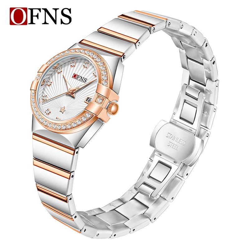 OFNS Women's Luxury Quartz Watch: Diamond-Inlaid Round Dial, Calendar, Waterproof, Luminous, Elegant Design.