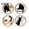 Rounded Corner Wood Art 4 Pcs Minimalist Black Cat Wall Art, Geometric Round Circle Wooden Non-toxic Coating Decor, Abstract Hanging Sign for