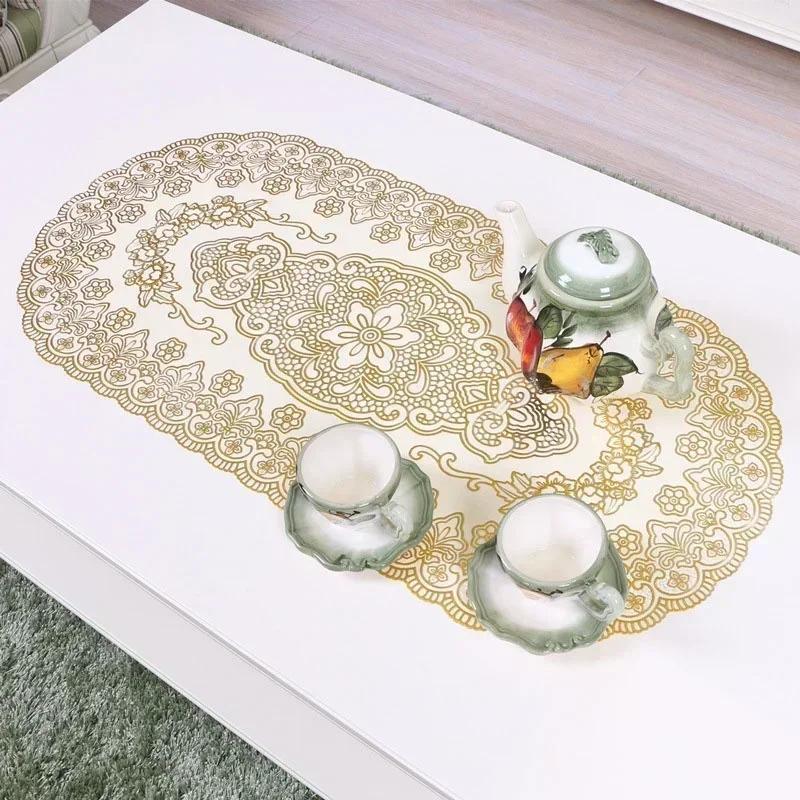 Vintage Lace Embroidered Oval Tablecloth for Wedding Party Home Tea Table Mats Kitchen Decoration Waterproof PVC Desk Cloth