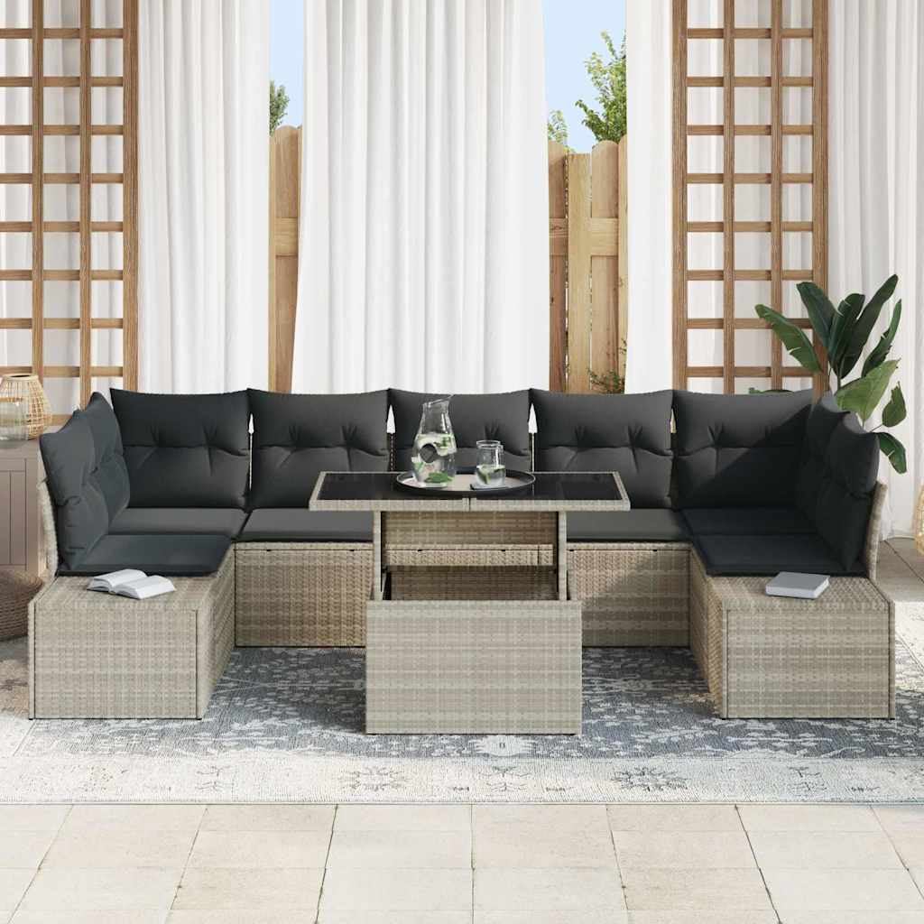8 Piece Sofa Set with Cushions Light Grey Poly Rattan