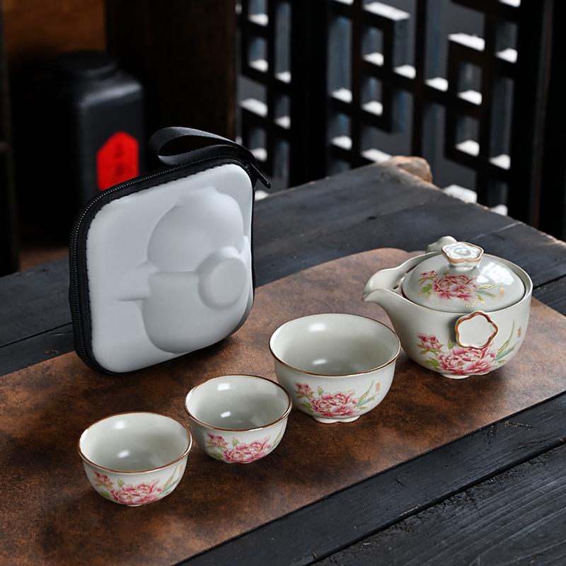 

Guochao blue and white Ru kiln travel tea set, one pot, three cups, portable express cup, outdoor anti-scalding teapot