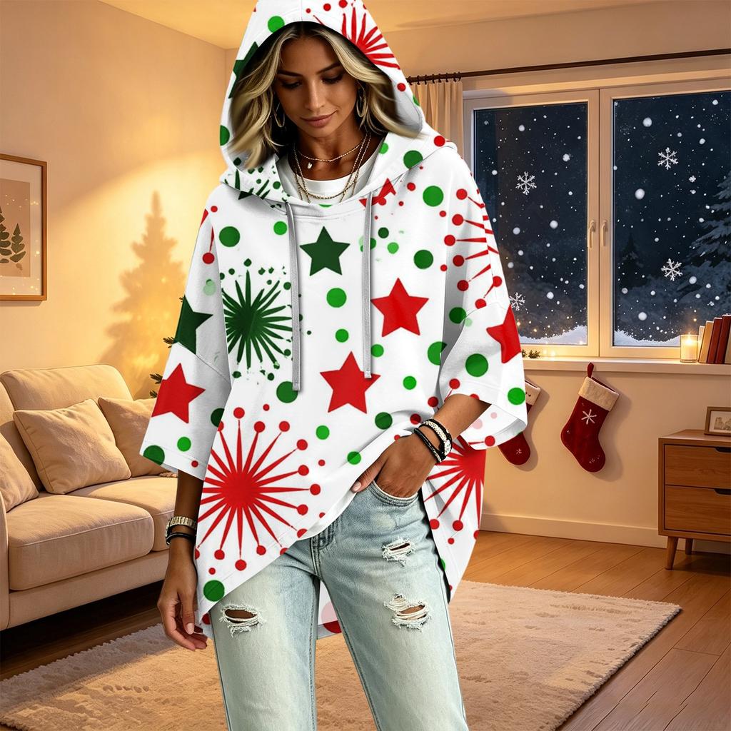 Women's Christmas Print Hooded Pullover Top with Three-Quarter Sleeves