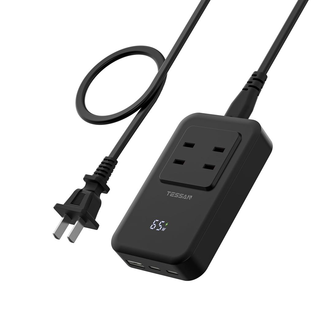 Ultra-thin PD65W USB Power Strip with 1m Extension Cord, Fast Charger, Type-C, Short Cable, Compact and Lightweight, Desktop Type-C Charging, 2 AC Out