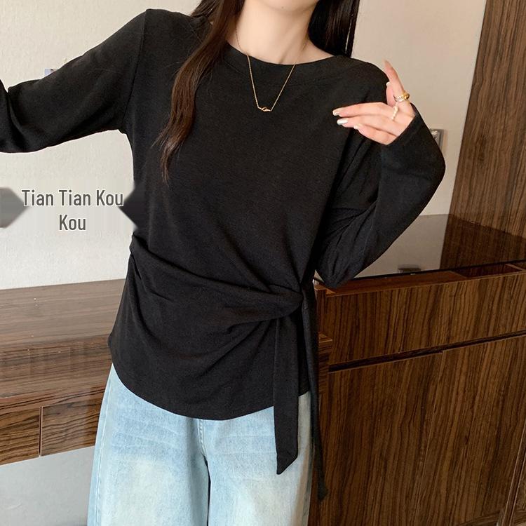 

Plus Size Lace-up Round Neck Knit Top with Long Sleeves for Women L