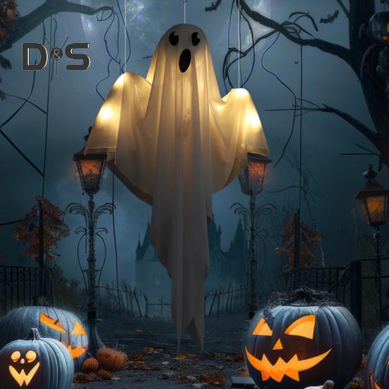 Halloweenská závěsná dekorace duch zářící bílý duch se světlem provázku Vnitřní venkovní světelná rekvizita duchů pro vystavení strašidelného domu na večírku