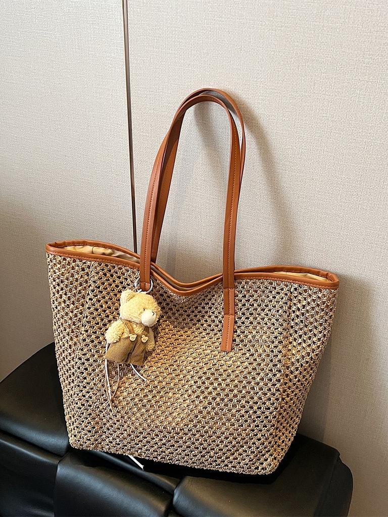 Seaside Beach Vacation Straw Bag Women'S Summer Commuter Shoulder Bag Hollow Woven Tote Bag