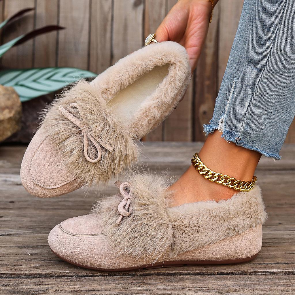 Damen Plüsch-Slipper in Überweite, Slipper-Mokassins mit Schleifendetail, Winter-Komfortschuhe für Damen mit niedrigem Schaft