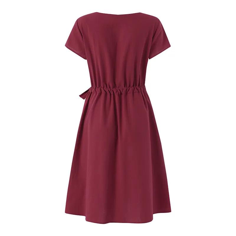 Einfarbiges Baumwoll-Leinen-Kleid, Mittellang, Schnürung, Taillenbetonend, Schlankmachend und Modischer Weiter Rock