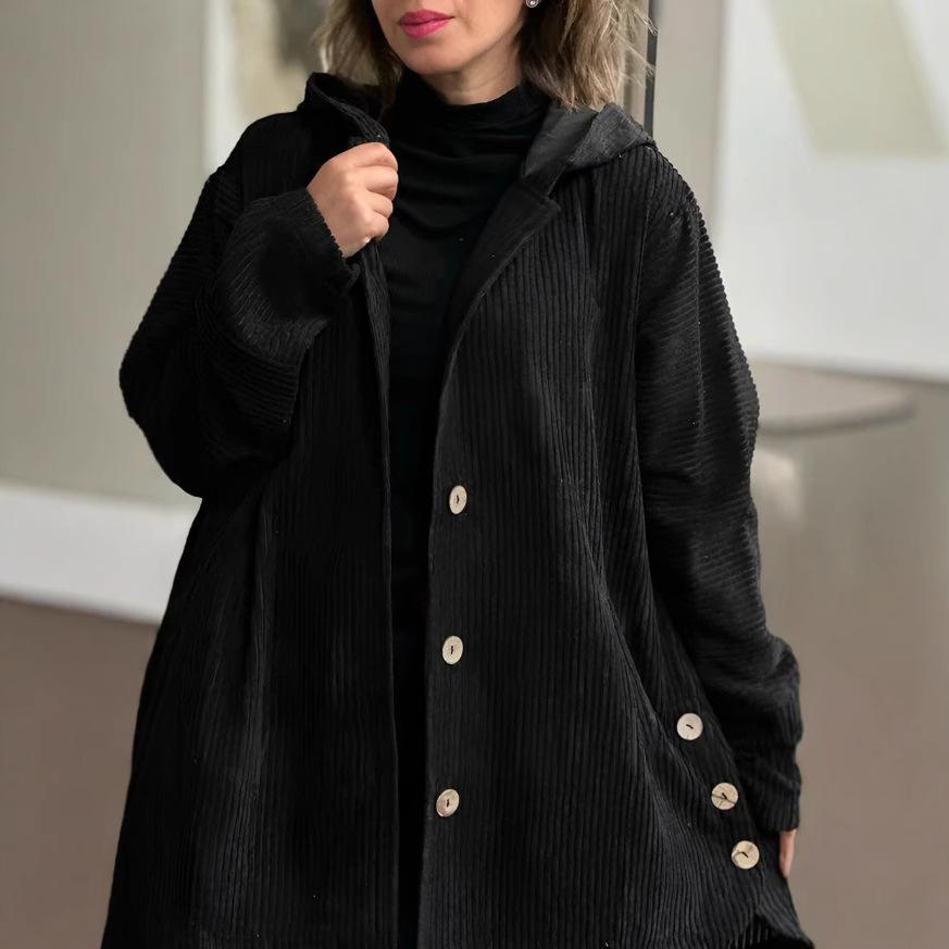 

Женская уличная однобортная куртка-кардиган, женский стиль, с капюшоном, свободного кроя, женское вельветовое повседневное пальто, femme XS чёрный