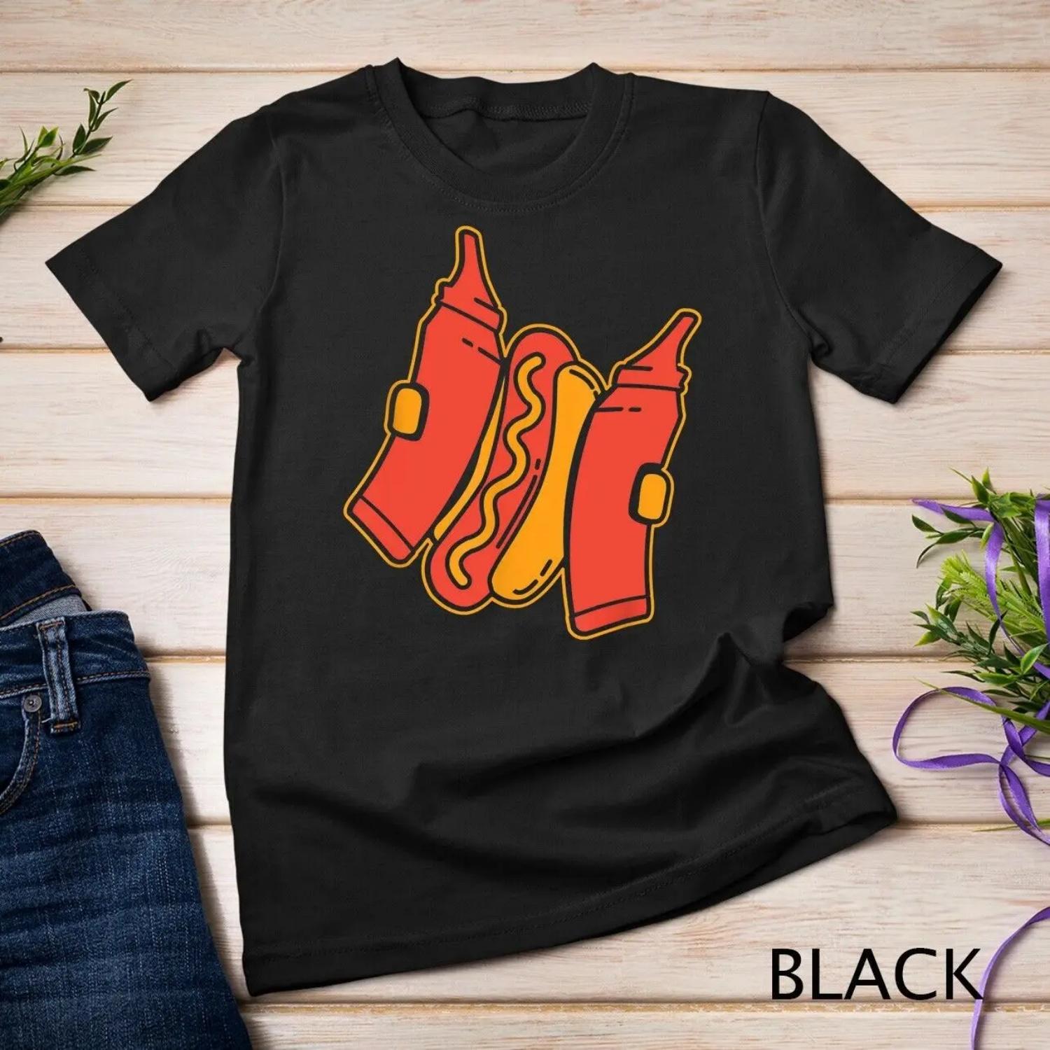 Funny Fastfood Hotdog with Mustard and Ketchup T shirt S