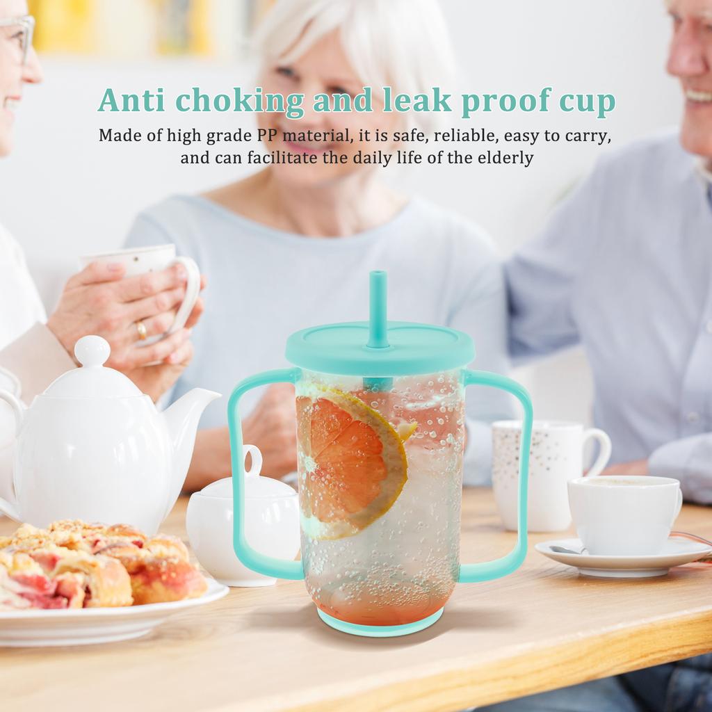 2Pcs Adult Sippy Cup 12 OZ Plastic Elderly Spill Proof Cup with 2 Handle and Reusable Straw for Home Kitchen Seniors Liquids