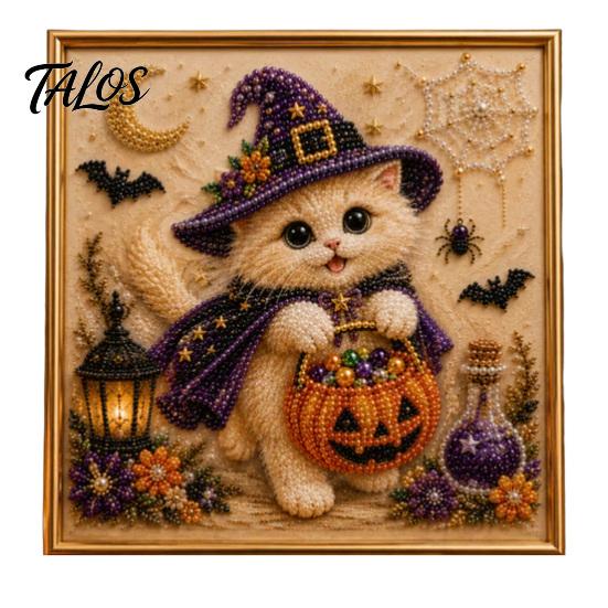 Creative Gifts for Cat Lovers Halloween Witch Hat DIY 3D Pearl Painting Kit with Frame, Hand-Pasted Art Craft Adults, Relaxing Handcrafted Living Room