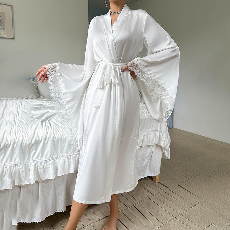 Satin Pajamas Lace Light Luxury Long-sleeved Cool Nightgown Bathrobe Loungewear