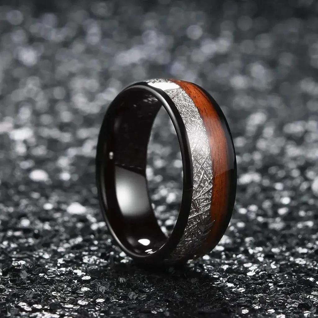 Fashion 8mm Black Stainless Steel Arrow Rings For Men Inlay Meteorite Hawaiian Koa Wood Rings Men Wedding Band Jewelry