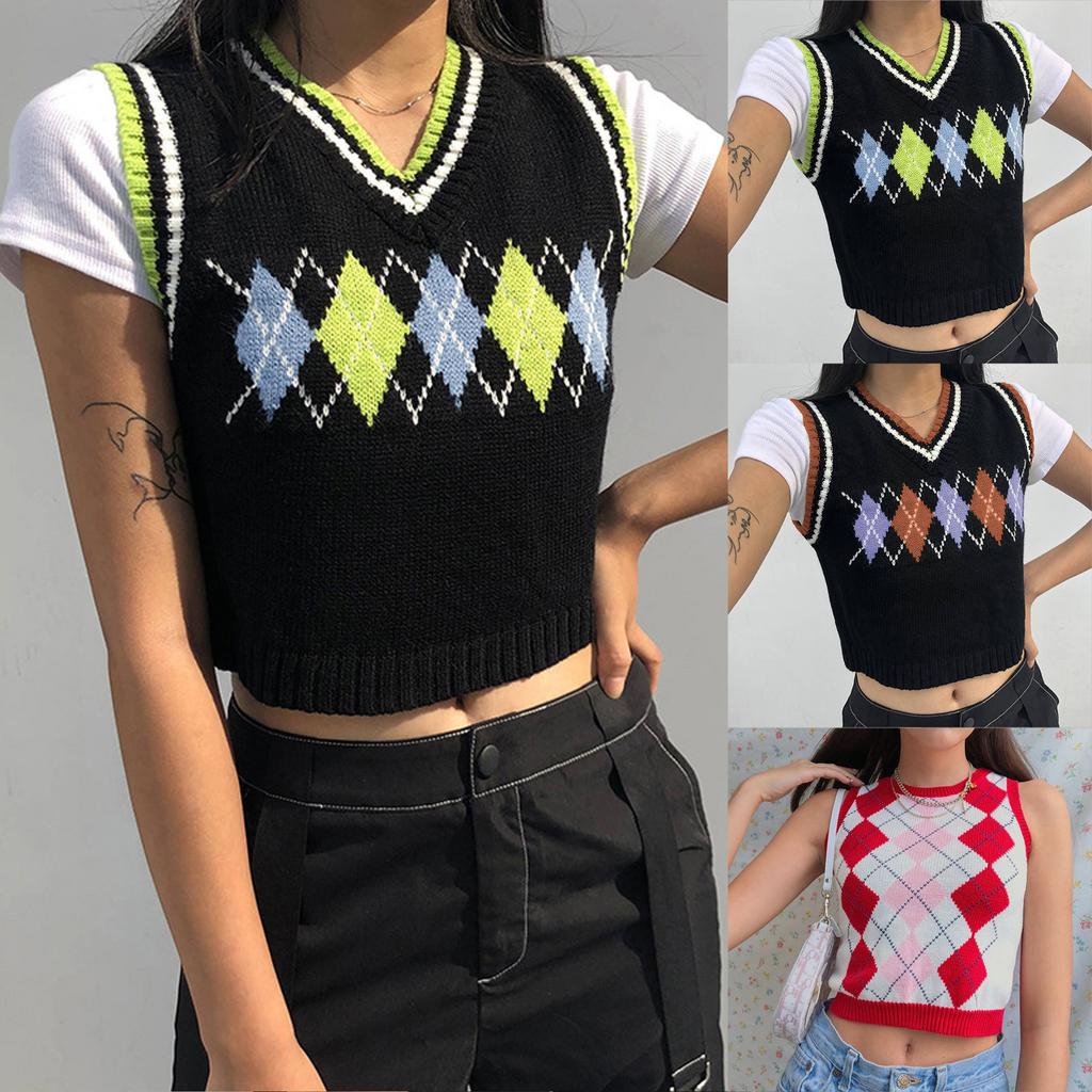 Womens Casual Plaid Knitted Tank Top  Knitwear Preppy Style V-Neck Vest Sweater