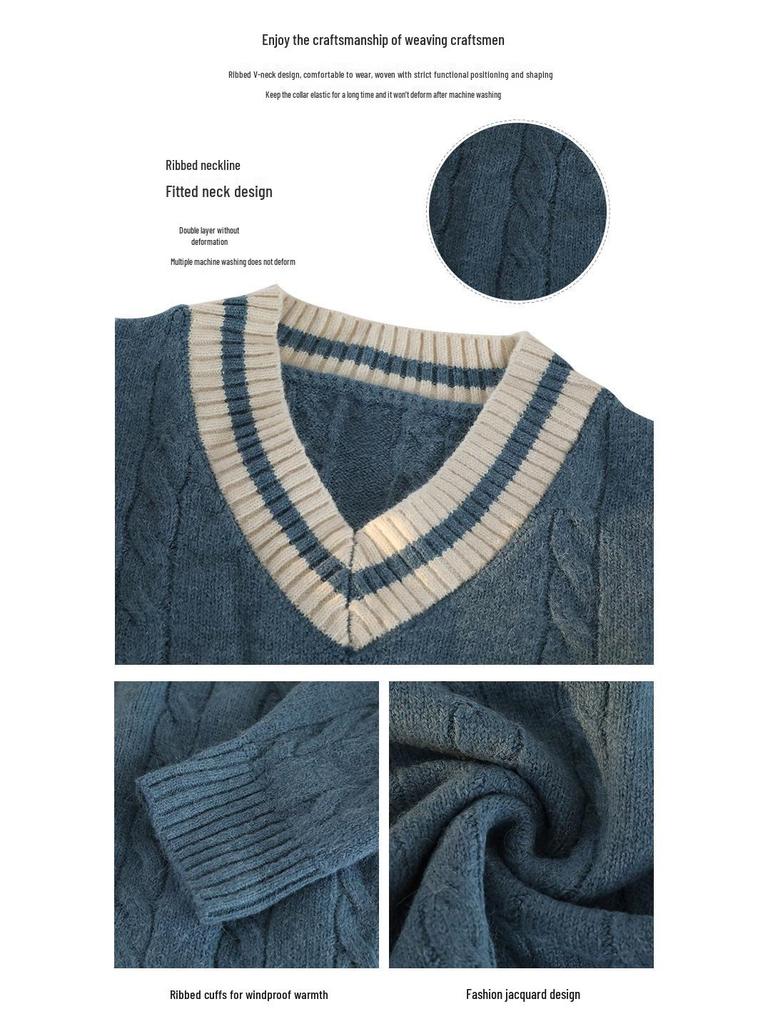 Men's Thickened V-Neck Knitted Sweater - 2024 Autumn/Winter Casual Base Layer