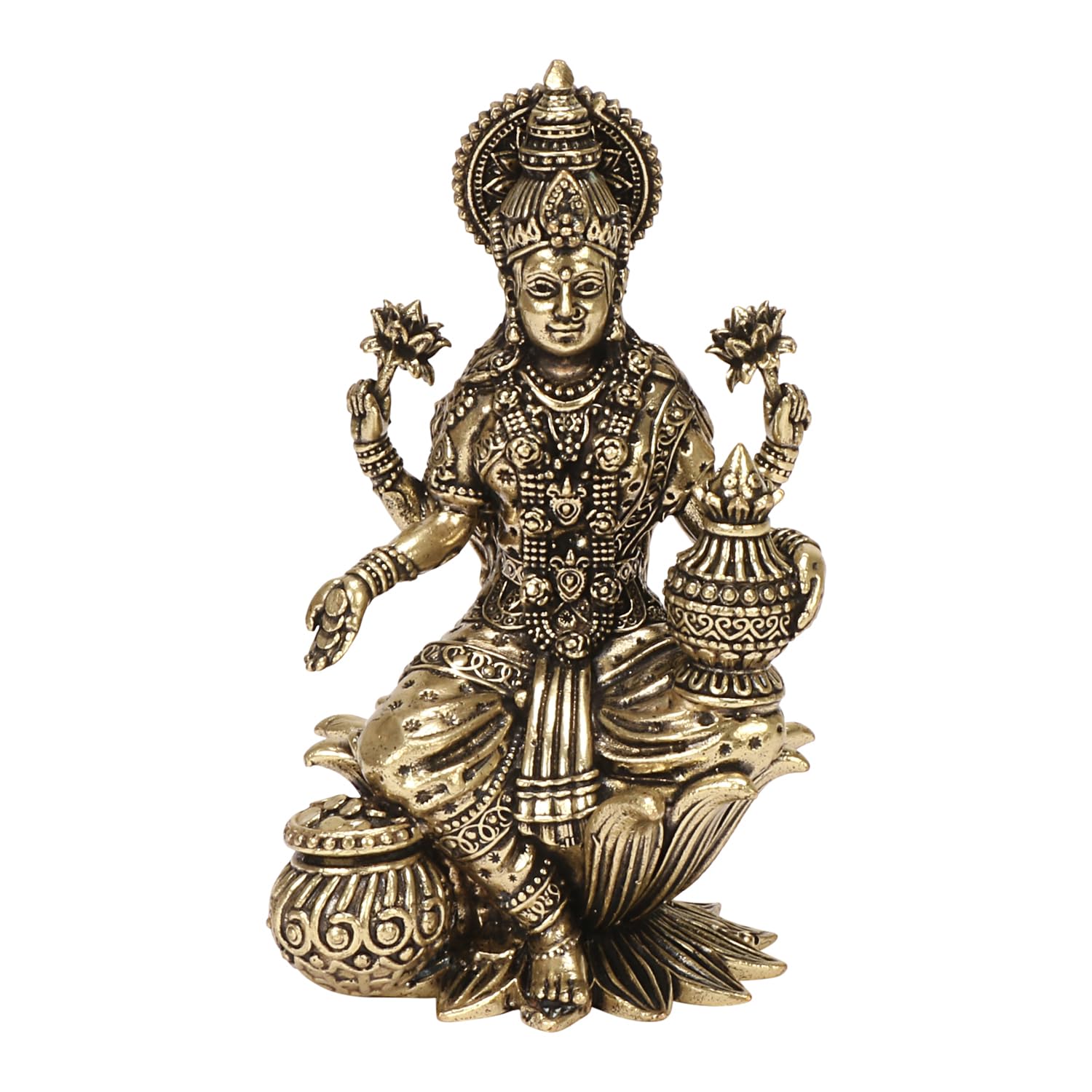 Статуэтка Богини Лакшми, сидящей на лотосе, Лакшми мурти, Бронза, Латунь - 4 дюйма