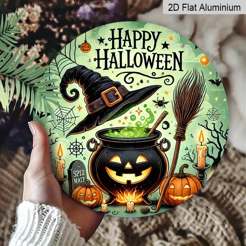 2D Flat, 1pc Happy Halloween Witch Metal Sign, Round Aluminum Decor with Spooky Cauldron, Bats and Jack-O'-Lantern- Vintage Art for Yard, Office