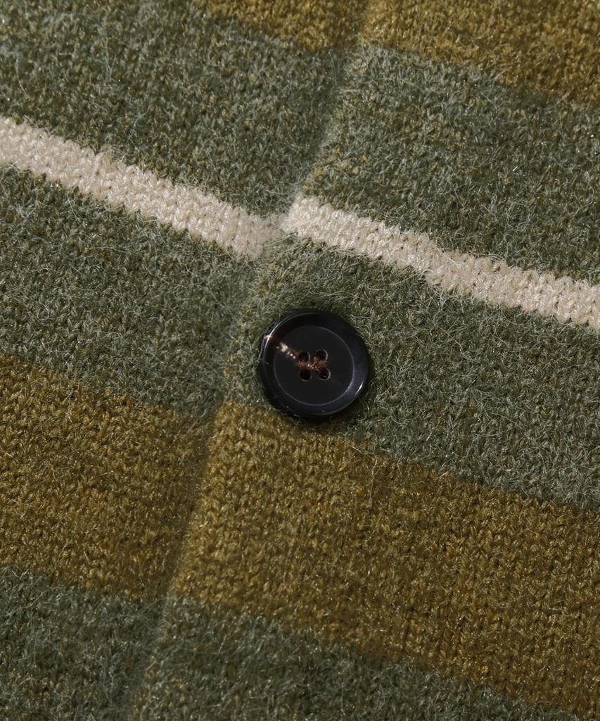 TRILLION Washable Hairy Striped Button Cardigan Knit_Khaki