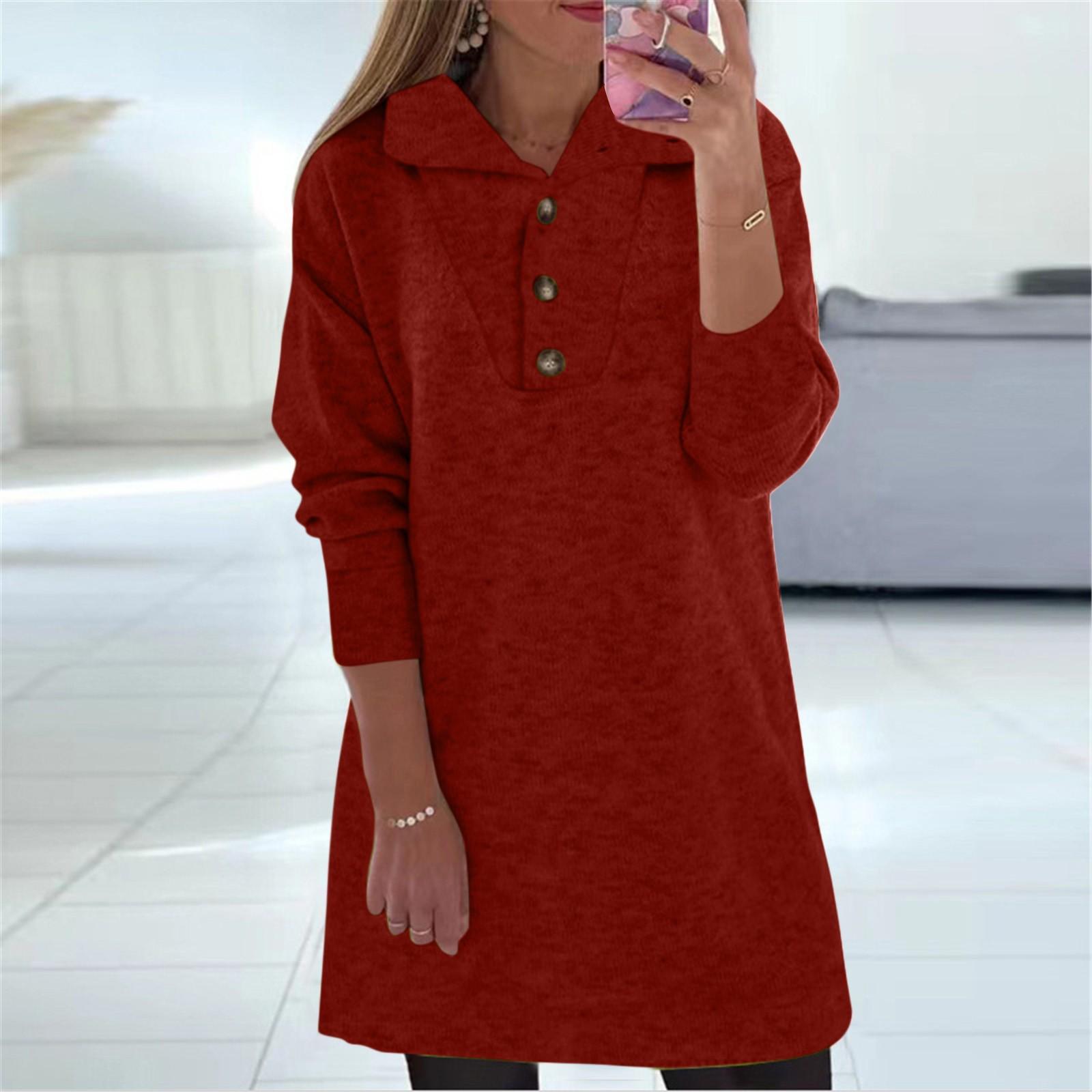 

Женское осенне-зимнее однотонное пуловер с длинными рукавами и пуговицами с лацканами, повседневное платье L винный