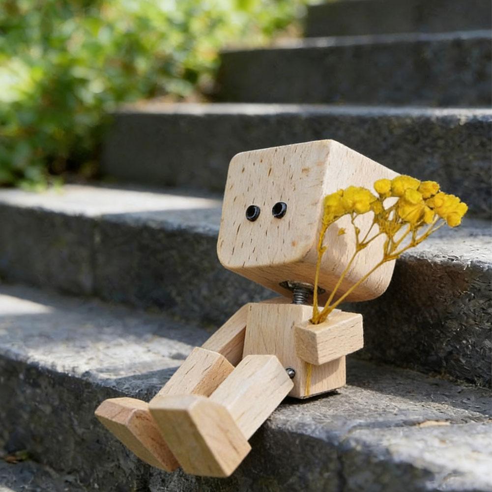 Cute Bow Leg-shaking Wooden Man Figurine Interior Wood Ornaments With 12 Magnetic Expressions Car Decoration Ornaments