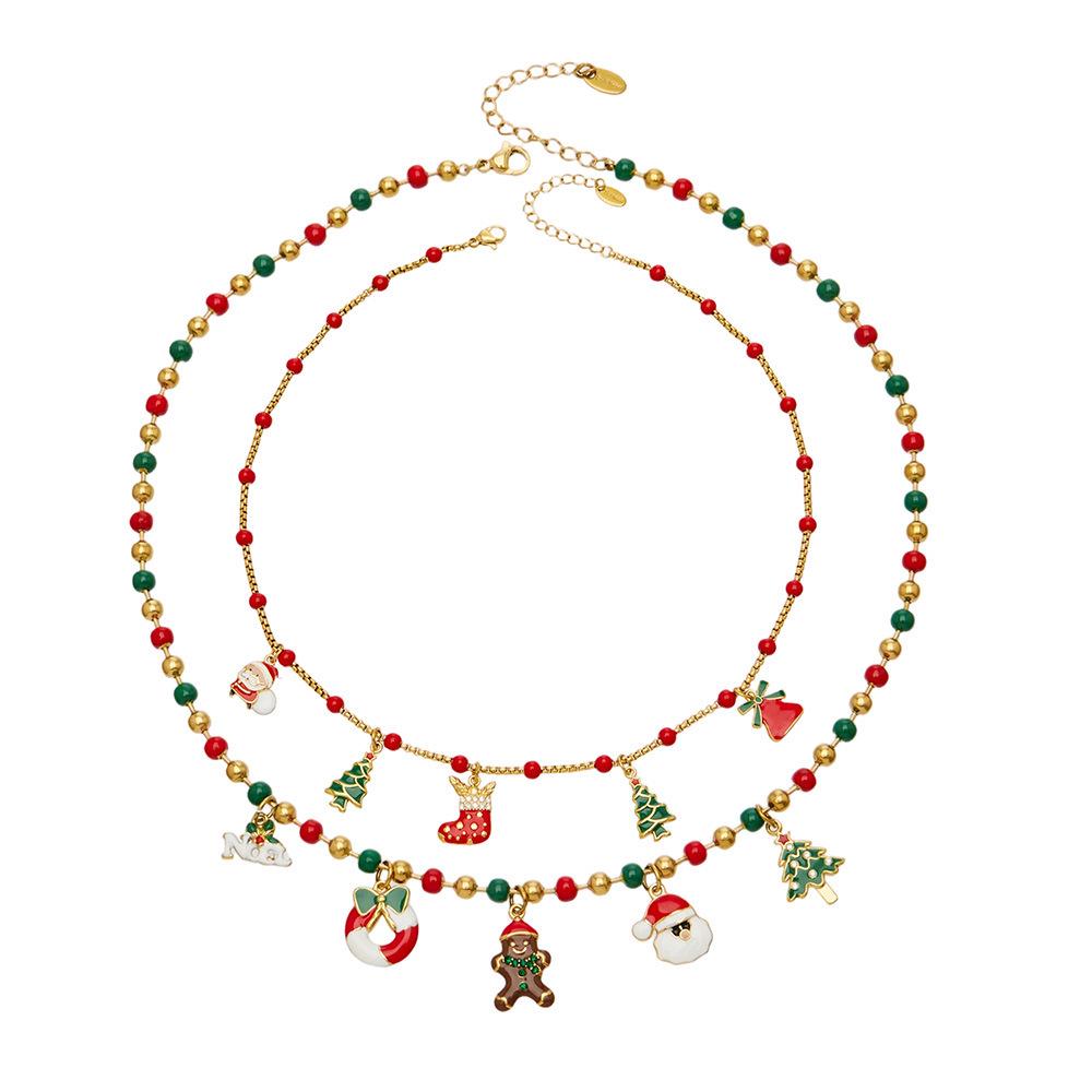 European & American Christmas Festival DIY Multi-Accessory Enamel Zirconia Necklace, 18K Gold-Plated Stainless Steel, Christmas Tree & Santa Styles.