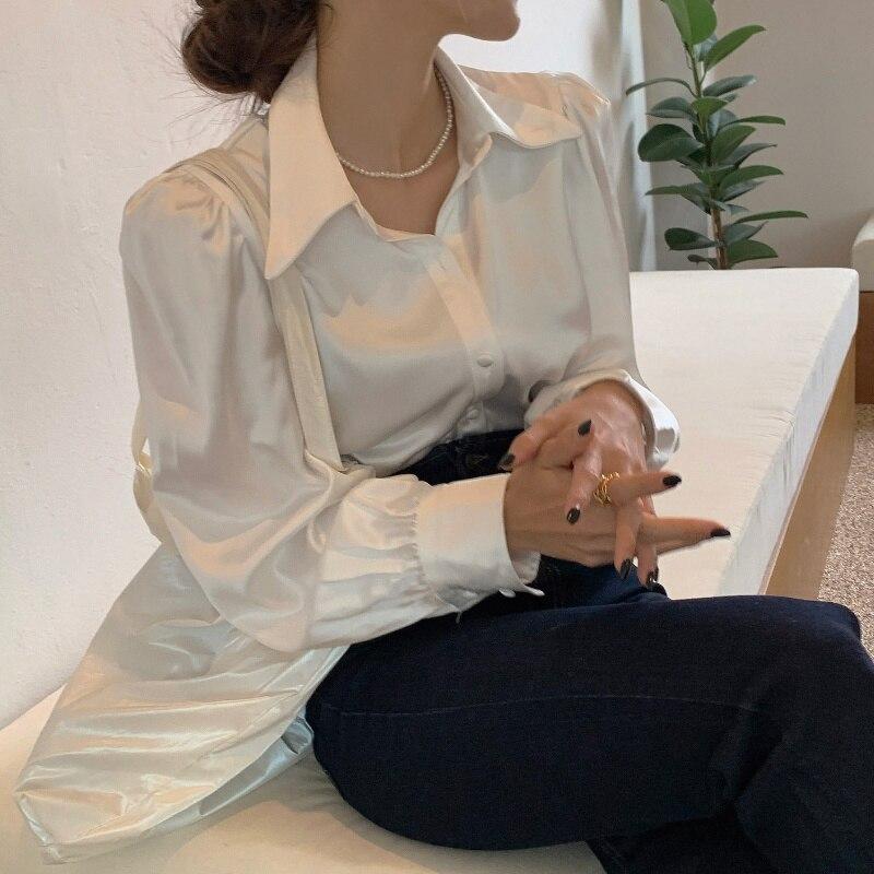 2023 New Fashion Satin Button Lapel Shirt Elegant Puff Sleeve Shirt Loose Women Tops White Women Blouse Blusas Mujer 12635