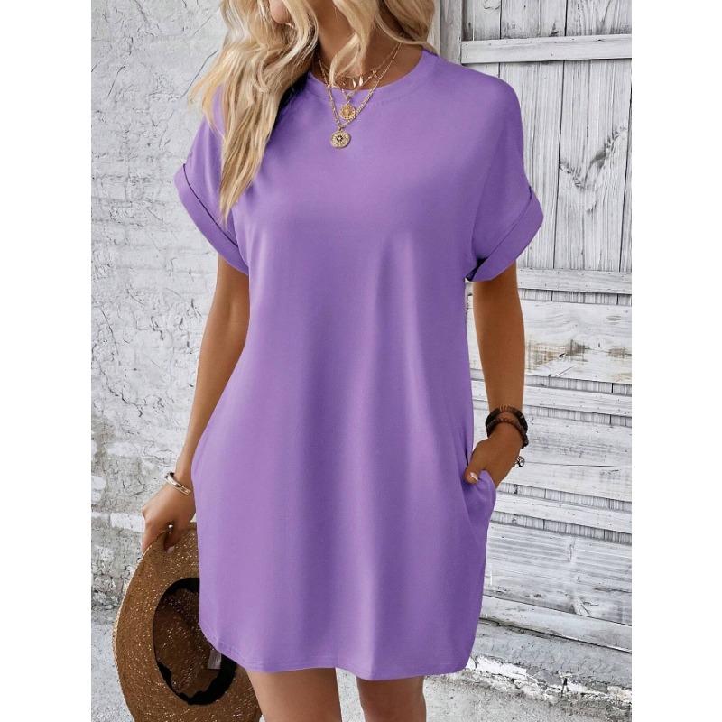 Women's Spring and Summer New Solid Color Round Neck Casual Breathable Loose Short Sleeve Pocket Dress