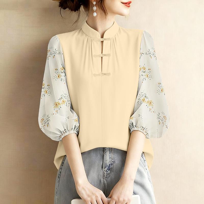 ZANZEA Bluză lejeră casual pentru femei cu guler înalt și mâneci 3/4 cu aplicații