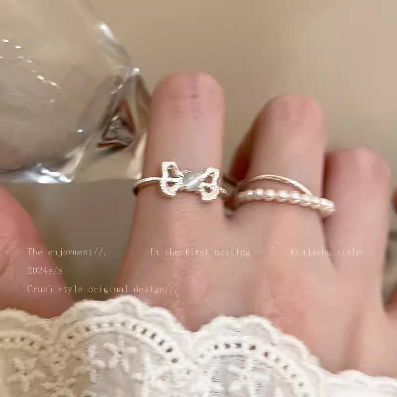 Cat's Eye Stone Bow Opening Pearl Ring - Women's Summer Luxury High-End Sexy Ring for Index Finger - Sweet Finger Ring