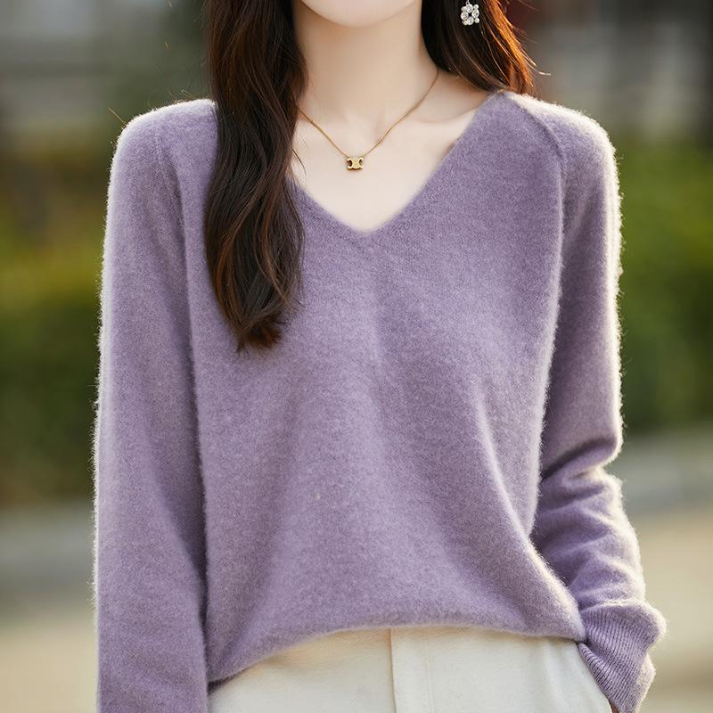 2024 Autumn/Winter Women's V-Neck Wool Knitwear - Stylish, Simple, Cozy Base Layer Sweater