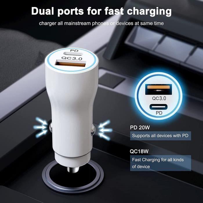 Chargeur de Voiture Rapide 38W Allume-cigare 2 Port - PD 20W + QC 3.0 Charge Rapide - Blanc