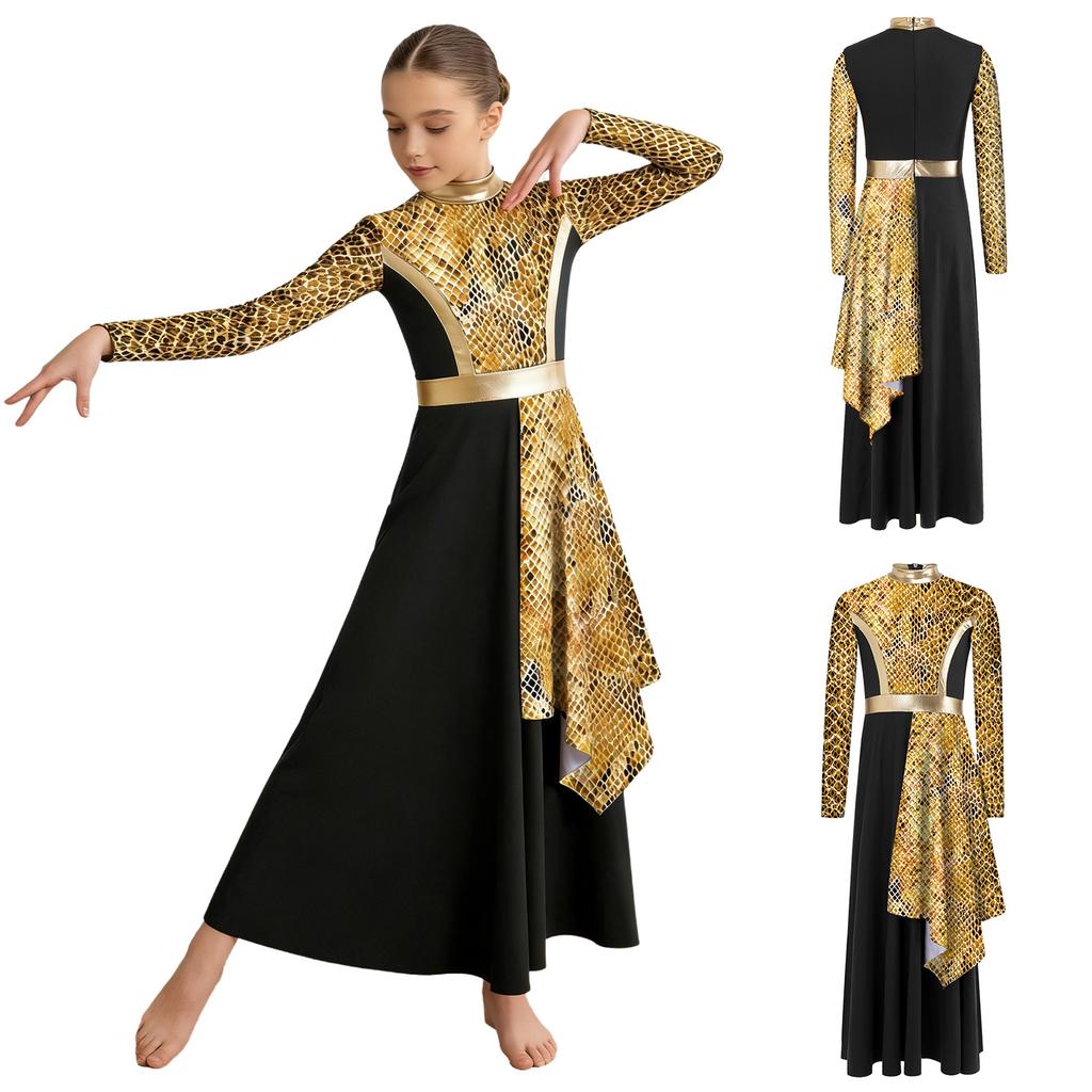 Kids Praise Dance Costume Mock Neck Long Sleeve Printed Asymmetrical Drape Hem Back Zipper Dress for Liturgical Worship Performance