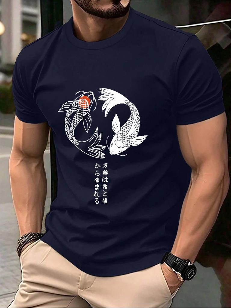 Japanese Koi Harajuku Printing Men TShirt Cotton Summer Short Sleeve Tops Soft Oversized ONeck T Shirt Casual Male Clothes