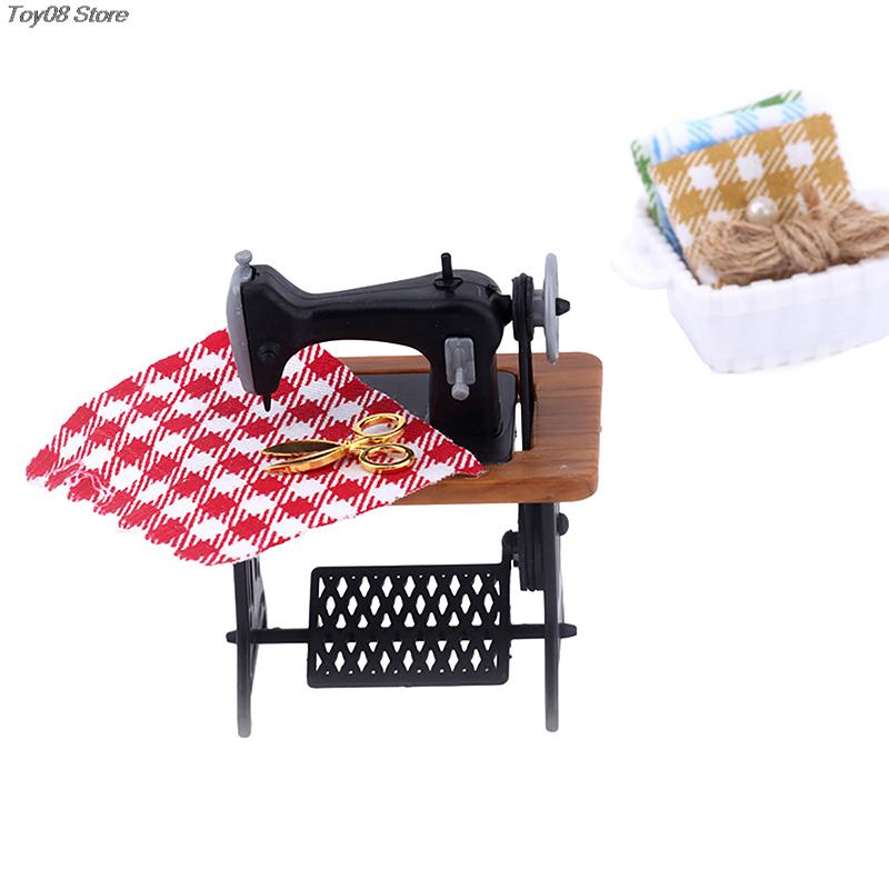 1Set 1:12 Dollhouse Miniature Sewing Machine Scissor Cloth Storage Box Furniture Sewing Scenes Decor Toy Doll House Accessories