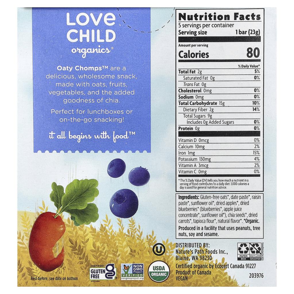 Love Child Organics, Nature's Path, Oaty Chomps™ Organic Bars, 12+ Months, Blueberry + Carrot, 5 Individually Wrapped Bars, 0.8 oz (23 g) Each